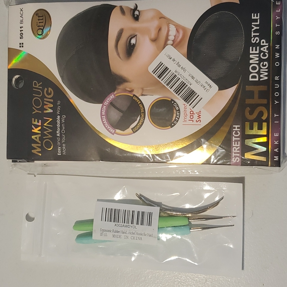 Wig caps (3) and weaving tools